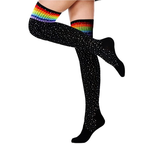 🌈 Sexy Bling Rhinestone Over The Knee Rainbow Socks - Picture 4 of 12